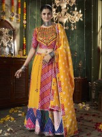 Yellow And Red Maslin Cotton Readymade Navratri Lehenga Choli